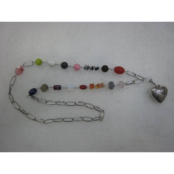 Kette, mittel, versch. Steinen und Herzanhänger, multicolor